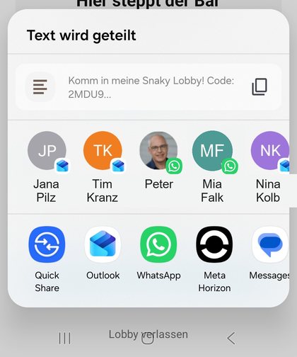 Der Teilen-Dialog des Telefons mit der Nachricht „Komm in meine Snaky Lobby! Code: 2MDU9“