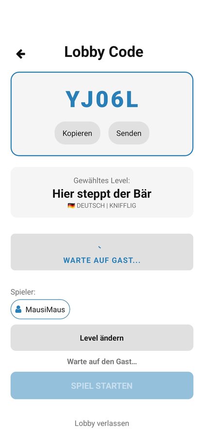 Die Lobby in der App: der Code HQH3N, das gewählte Level „Hier steppt der Bär